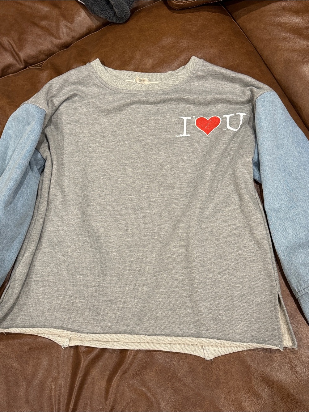 POL Women's Sweatshirt Blue Sleeves I ♥️ YOU Red Heart Mixed Media Mental Health